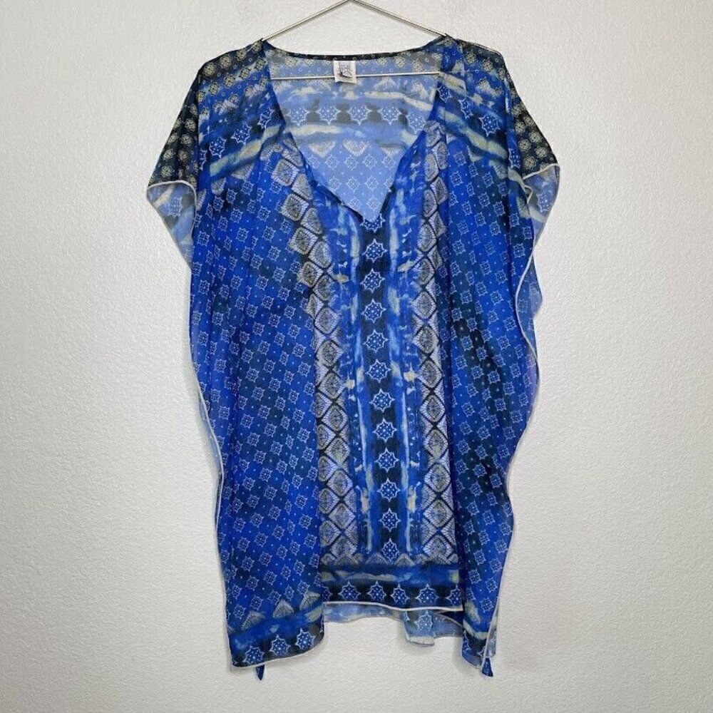 Becca Coverup M L Boho Hippie Caftan Batik Pull Over Tunic Resort Sheer Swim - Picture 1 of 11